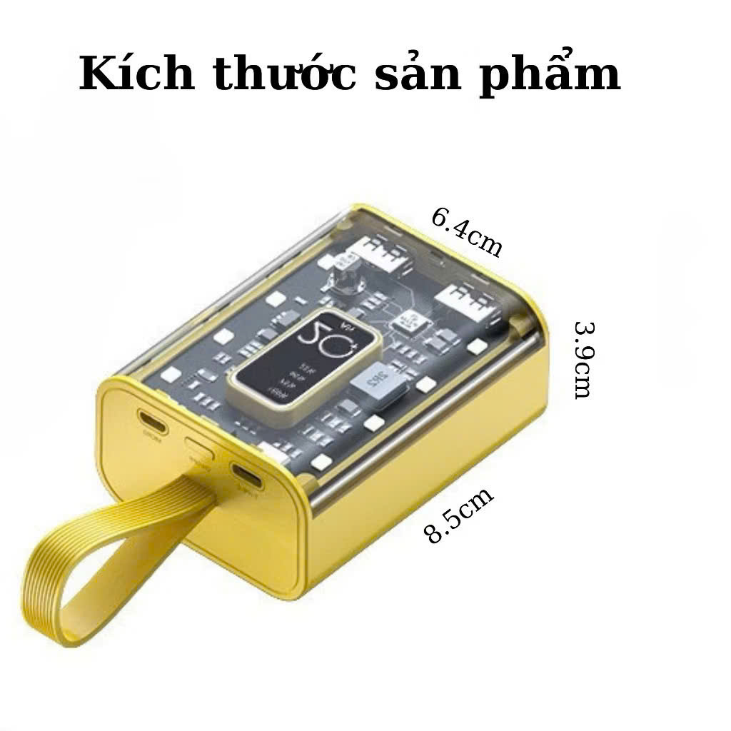 Sạc Dự Phòng 20000mAh Dung Lượng Pin Lớn Vỏ Trong Suốt Tích Hợp Dây Sạc Nhanh Cho Nhiều Thiết Bị có đèn báo, phát sáng - HÀNG CHÍNH HÃNG