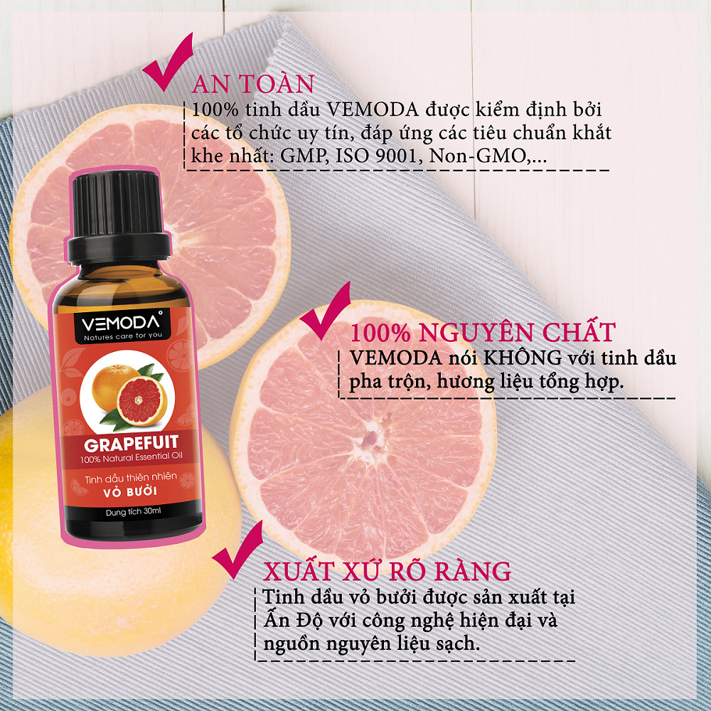 Tinh dầu Vỏ bưởi HG. Grapefruit Essential Oil 30ML. Tinh dầu xông phòng giúp kháng khuẩn, thanh lọc không khí, thư giãn, hỗ trợ giảm cân, chăm sóc da tóc. Tinh dầu thơm phòng cao cấp Vemoda