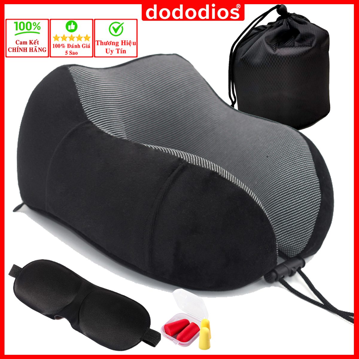 Gối Ngủ Văn Phòng Chữ U Tặng Kèm Bịt Mắt Bịt Tai Cao Cấp Bộ Gối Ngủ Du Lịch Tựa Đầu Chống Mỏi Chất Liệu Memory Foam Mật Độ Cao Hàng Chính Hãng Dododios - Đen