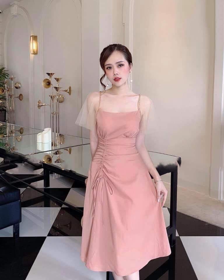 Đầm Xoè Tay Phối Lưới Dây Rút Hông 2 Màu