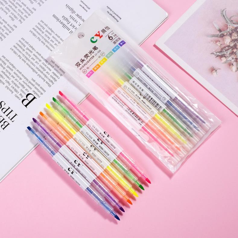 Sét 6 Bút highlight pastel 2 đầu, bút đánh dấu nhớ dòng morandi trang trí sổ bullet journal văn phòng phẩm