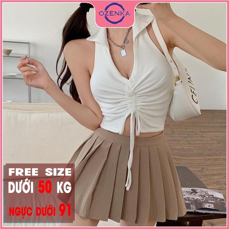 Áo croptop hai dây bản to polo cổ v nữ, áo thun ôm body rút dây gợi cảm hở lưng mặc đi biển đi chơi dưới 50 cân