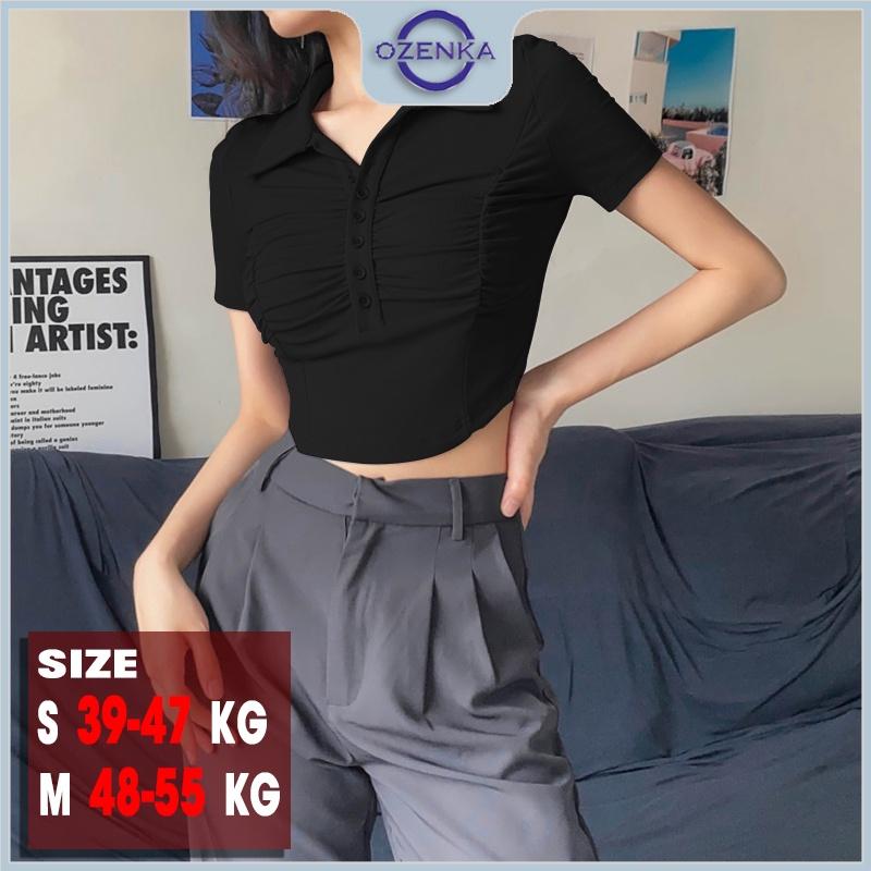 Áo croptop polo cài khuy nhún giữa cộc tay nữ ozenka ,áo thun crt ngắn vạt bầu kiểu màu đen trắng mặc đi học đi chơi