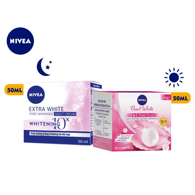 Bộ Đôi Kem Dưỡng Ngày Và Đêm Nivea Chiết Xuất Ngọc Trai Giúp Dưỡng Trắng Và Se Khít Lỗ Chân Lông (Kem Dưỡng Ban Ngày 50g - 82335 &amp; Kem Dưỡng Ban Đêm 50g- 86740)