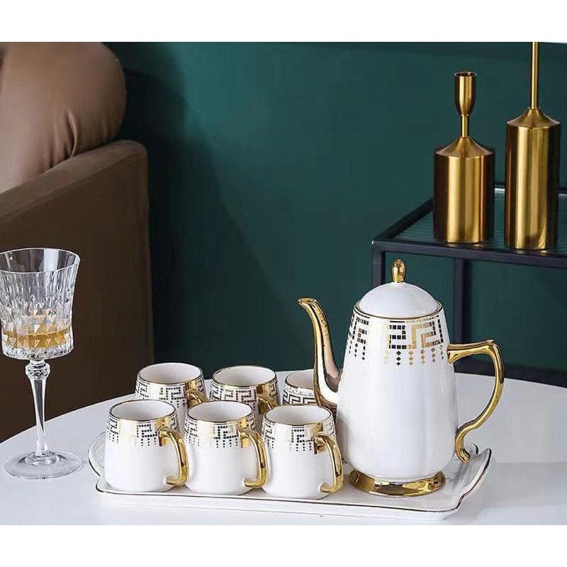 BỘ ẤM CHÉN KÈM KHAY SỨ CAO CẤP PHA TRÀ CÀ PHÊ TRẮNG HỌA TIẾT MẮT XÍCH