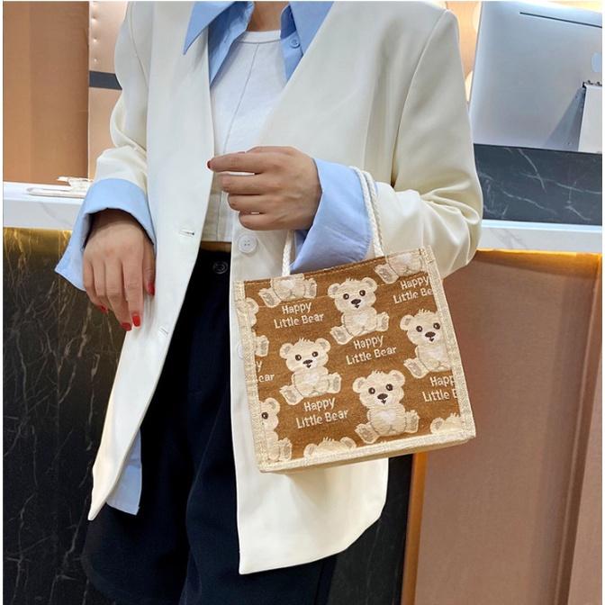 Túi cói mini, Vải Đay Túi xách nữ Khóa kéo 2022 in hình gấu cute Phong cách thời trang Trương Gia 09