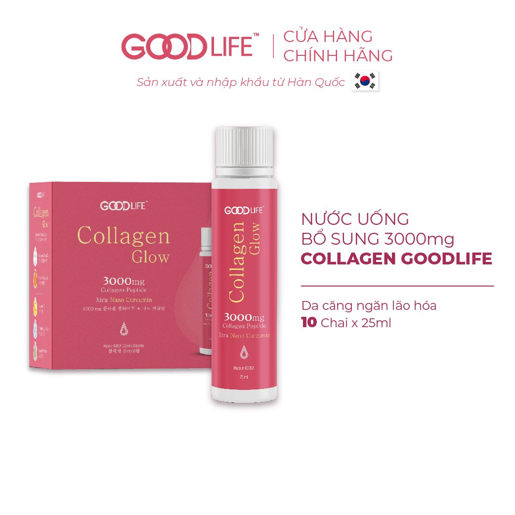 Hộp 10 ống nước uống Goodlife Collagen Glow 3000mg - kết hợp độc đáo Nano Curcumin và Vitamin C