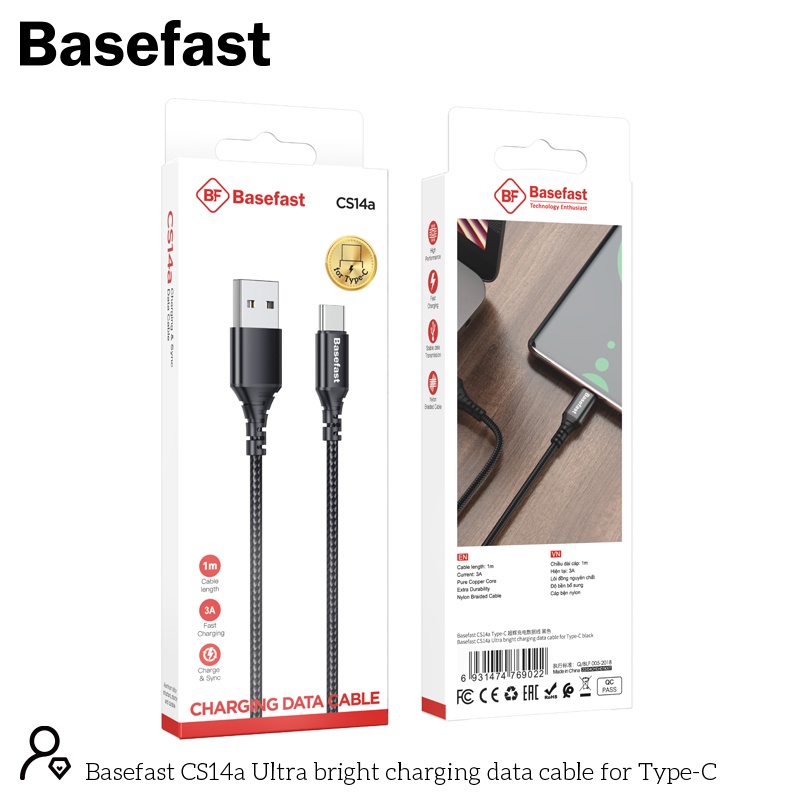 Dây sạc TypeC Chính hãng Basefast - Cáp bọc dù sạc nhanh cho máy Android , samsung , xiaomi CS14A - Hàng Chính Hãng