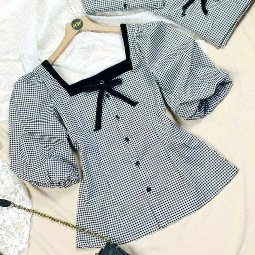 Áo bigsize caro cổ vuông nơ ngực chubbybigsize