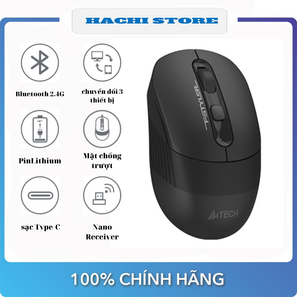 Chuột Không Dây Bluetooth + Wireless Pin sạc qua cổng typec A4TECH FB10C - Hàng Chính hãng