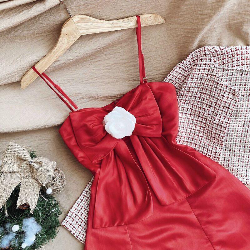 Set Váy Đầm Đỏ Hai Dây kèm Áo Khoác Croptop Caro Dự Tiệc Cưới - C&B Clothes
