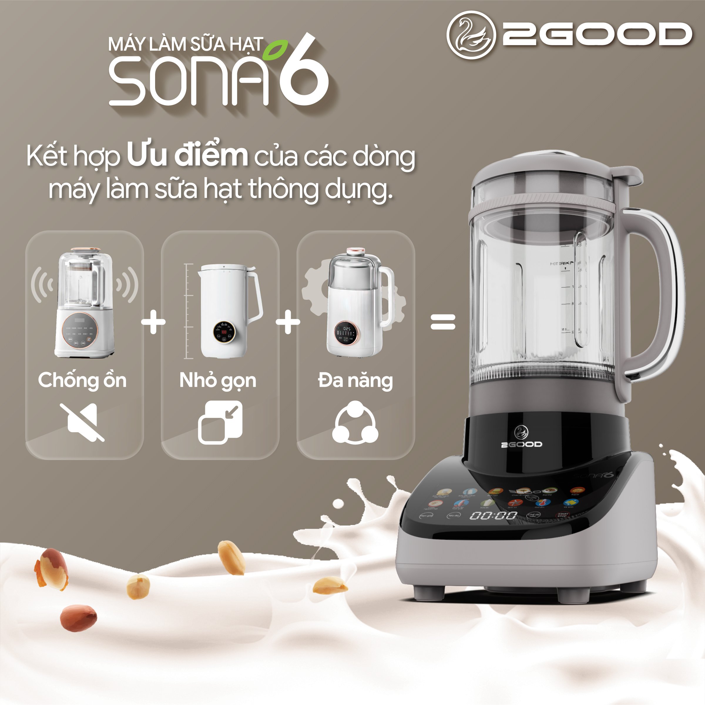 Máy Làm Sữa Hạt Cao Cấp Chống Ồn 2Good Sona 6 (Model 2024) Lưỡi Dao Tháo Rời - Cải Tiến 2Good Sona i8 - Hàng Chính Hãng