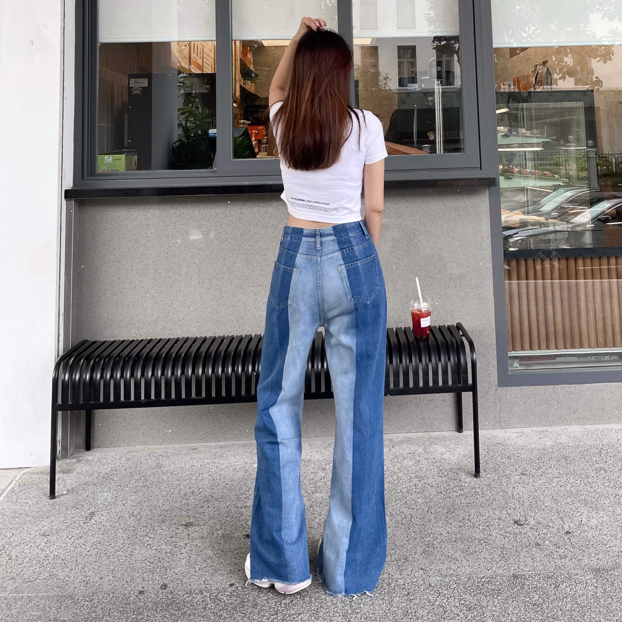 Quần Jeans Nữ Phối 2 Màu Xẻ Gấu 8023