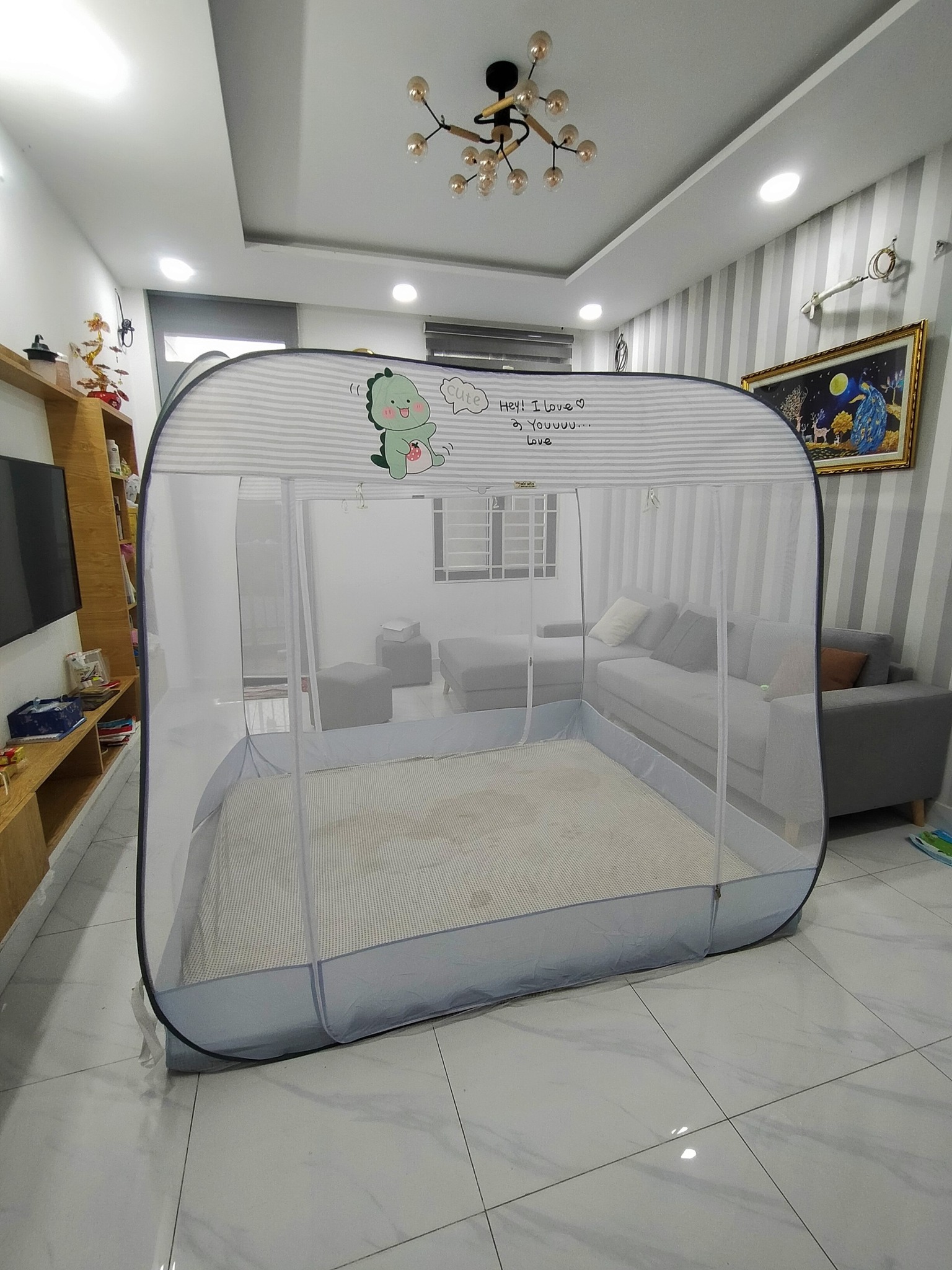 Màn Chụp , Mùng Chụp Cao Cấp Mộc Miên Đỉnh Vuông - Kích Thước 1,6mx2m ( Xám Khủng Long )