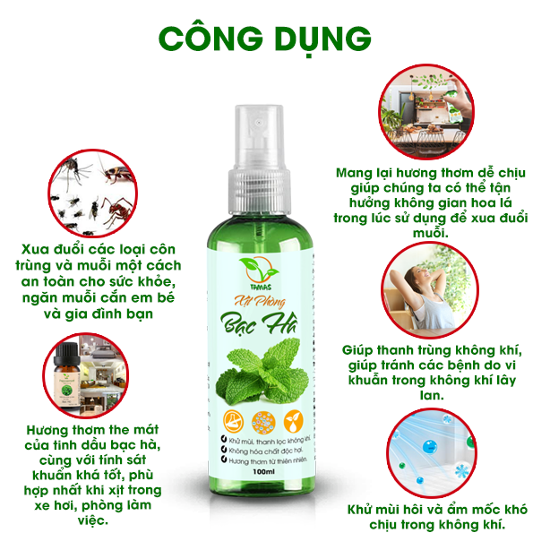 Xịt thơm phòng hương Bạc Hà chai 100ml - Kháng khuẩn, Khử mùi hôi - Đuổi chuột, đuổi muỗi, kiến ba khoang và các loại côn trùng - Hương thơm thư giãn