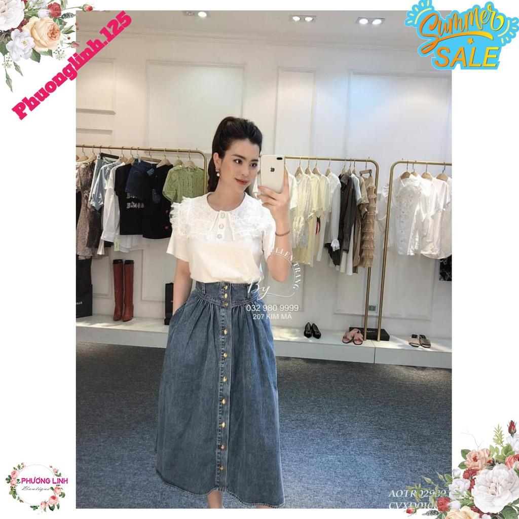 CHÂN VÁY JEANS XANH DÀI PHỐI KHUY