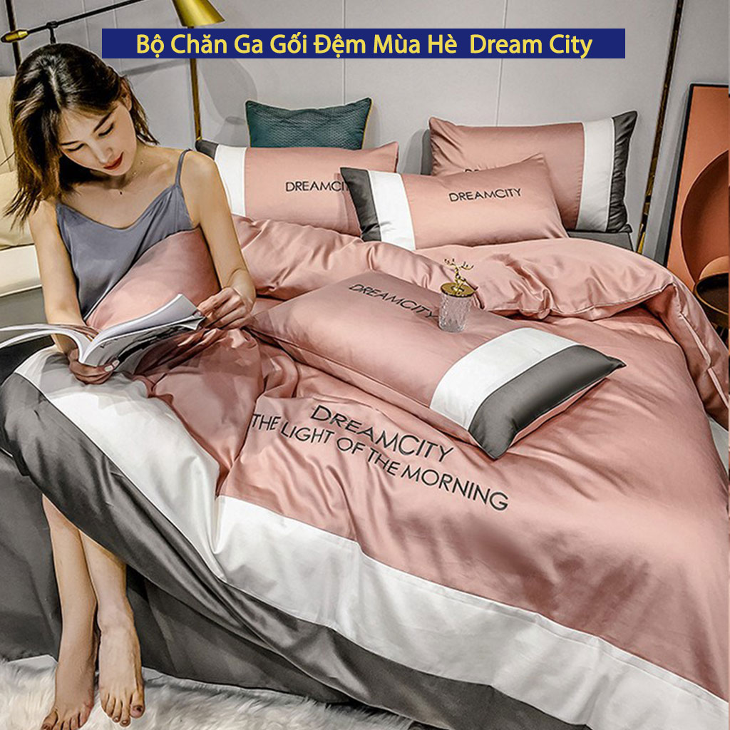Bộ Chăn Ga Gối Đệm Mùa Hè Dream City Drap Giường Phi Bóng Cao Cấp Bo Chun Drap