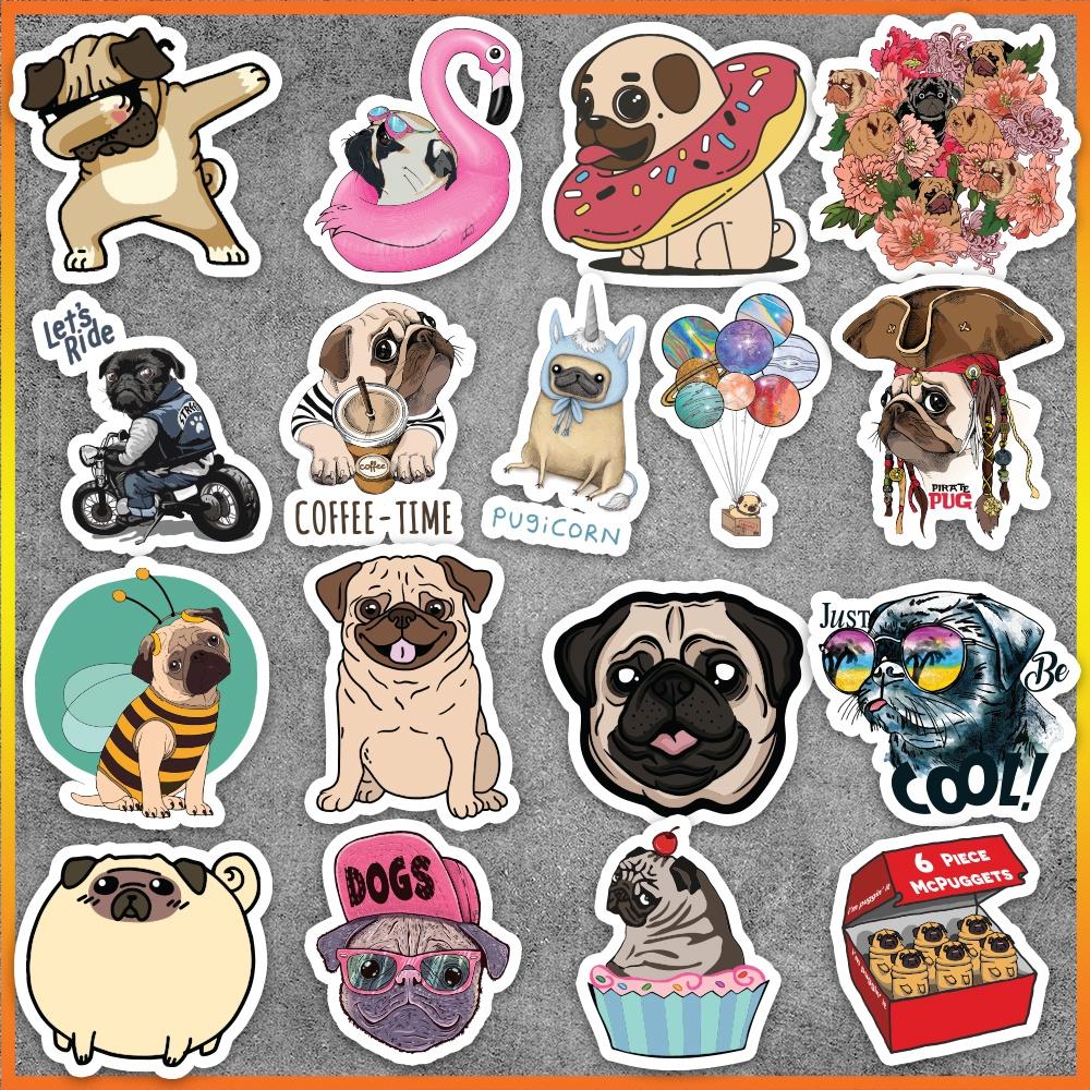 Set 50 cái Sticker Pug chống nước, Hình dán chó Pug cute, Decal Pug dán vali, điện thoại, mũ bảo hiểm