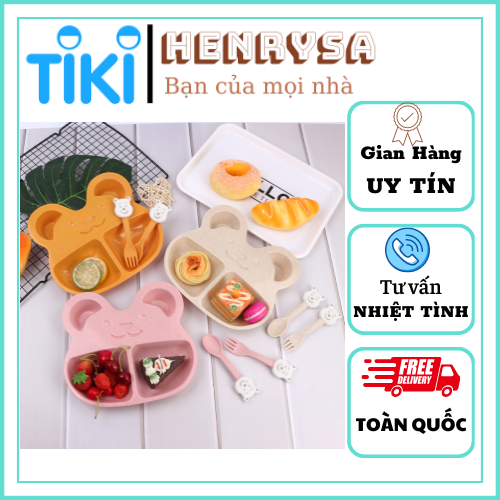 Khay ăn lúa mạch 2 ngăn hình gấu (tặng kèm muỗng, nĩa)-màu ngẫu nhiên - Henrysa
