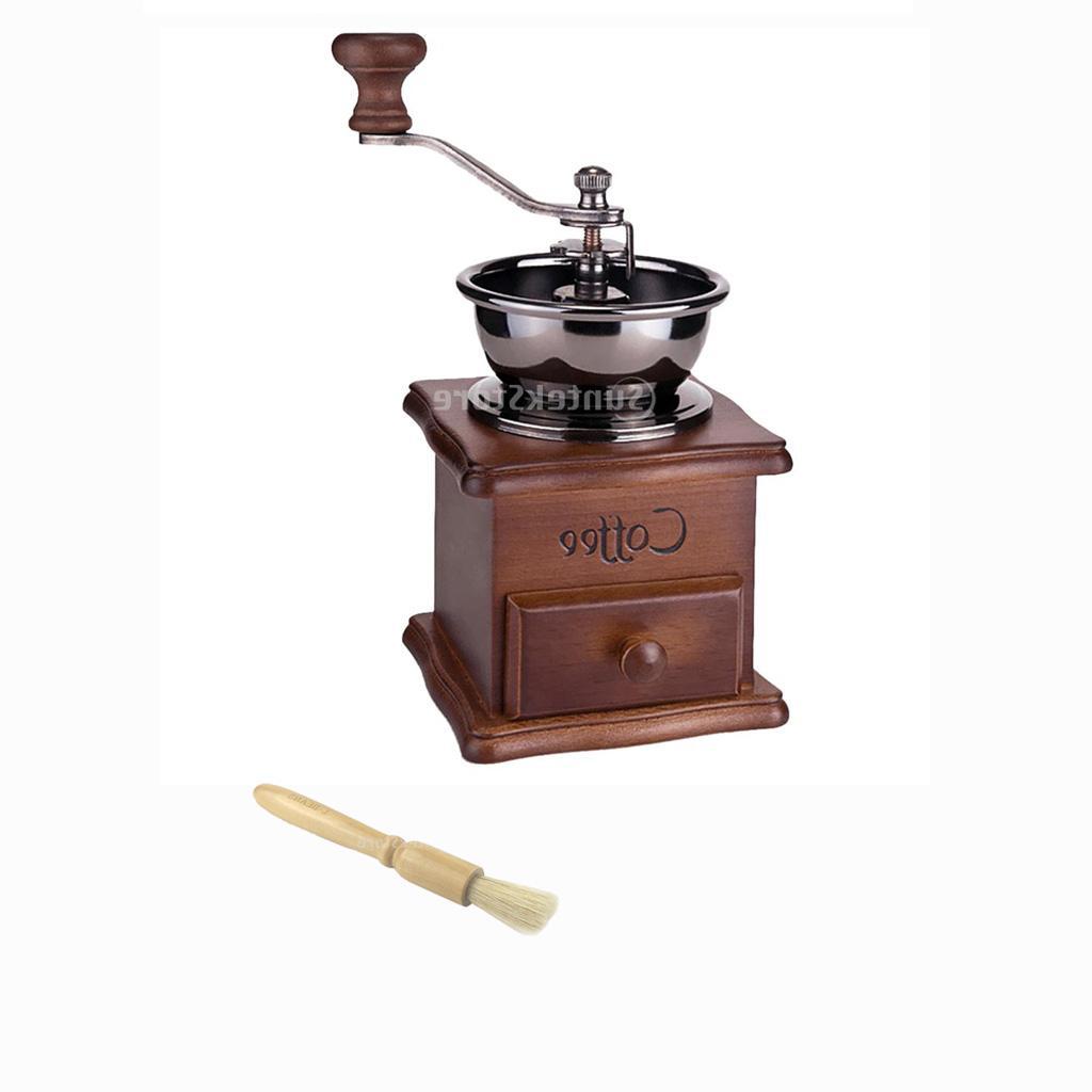 Espresso Coffee Bean Spice Vintage Wooden Hand Grinder with Cleaning Brush