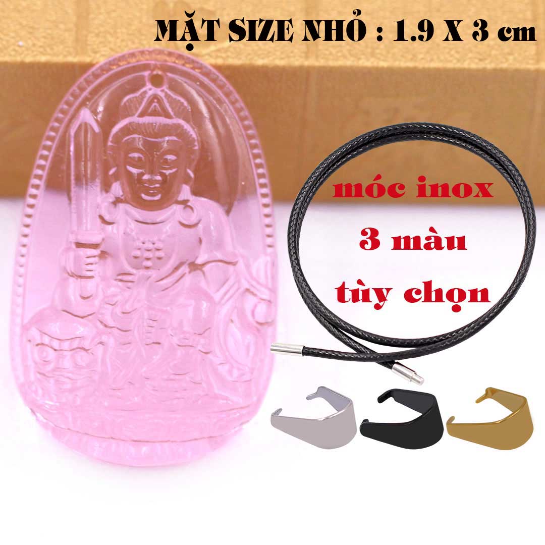 Mặt Phật Văn thù pha lê hồng 1.9cm x 3cm kèm vòng cổ dây cao su đen + móc inox vàng, Phật bản mệnh, mặt dây chuyền