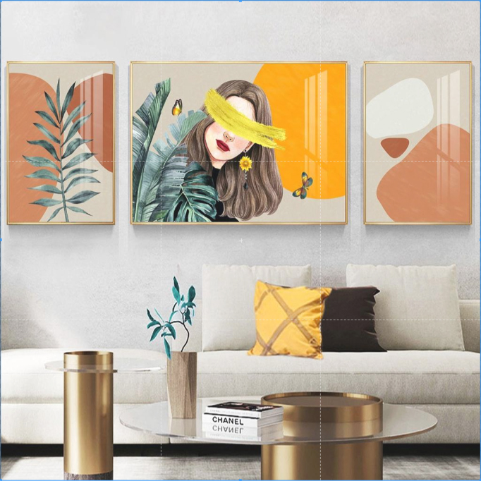 Tranh Tráng Gương Cao Cấp Treo Tường Trang Trí - Tranh Bộ 3 Cô Gái Và Hoa Lá