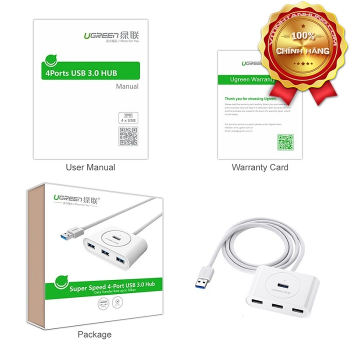 Bộ chia Hub USB 3.0 4 cổng màu trắng dài 1M Ugreen hàng chính hãng