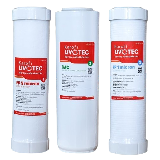 Combo Bộ 3 Lõi Lọc Nước Thô 1,2,3 Dành Cho Máy Lọc Nước Karofi Livotec 212 - Hàng Chính Hãng