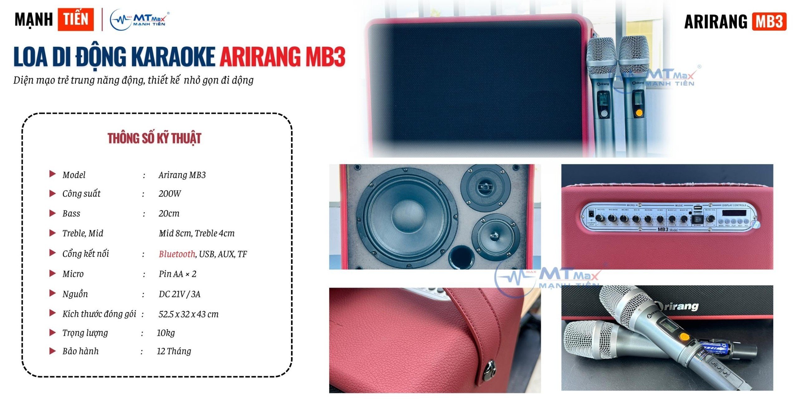 Loa Di Động Xách Tay Arirang MB3 – Bass 20 Công Suất Lớn Kèm 2 Micro Karaoke Diên Mạo Trung Trung, Năng Động, hàng chính hãng