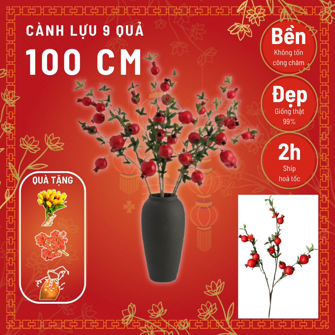 Cành lựu giả - 09 quả 02 hoa - Dài 100 cm - Màu cam, đỏ - Quả to 5 cm, quả nhỏ 4 cm - Cây giả, hoa lụa Decor trang trí nhà cửa