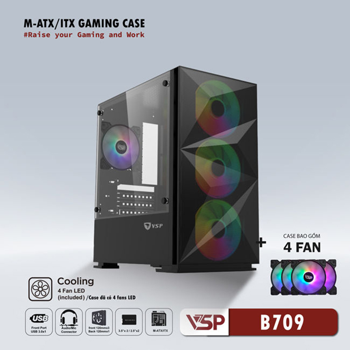 Vỏ máy tính CASE VSP Gaming Mid Tower B709 đen + 4 Fan Led - Hàng Chính Hãng