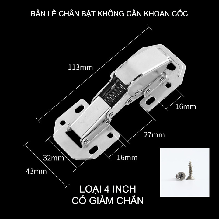01 Bản lề cửa tủ thế hệ mới không cần khoan cốc, loại 4 inch giảm chấn