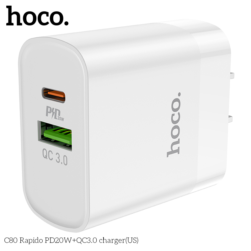 Cóc Sạc Nhanh Hoco C80 PD20W + QC3.0 2 Cổng Sạc TypeC Và USB Hàng Chính Hãng