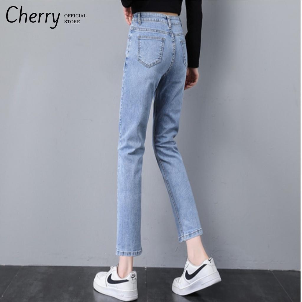 Quần jean nữ ống đứng dáng lửng co giãn cao cấp phong cách Hàn Quốc, quần bò nữ ống ngắn suông có co giãn CHERRY T029