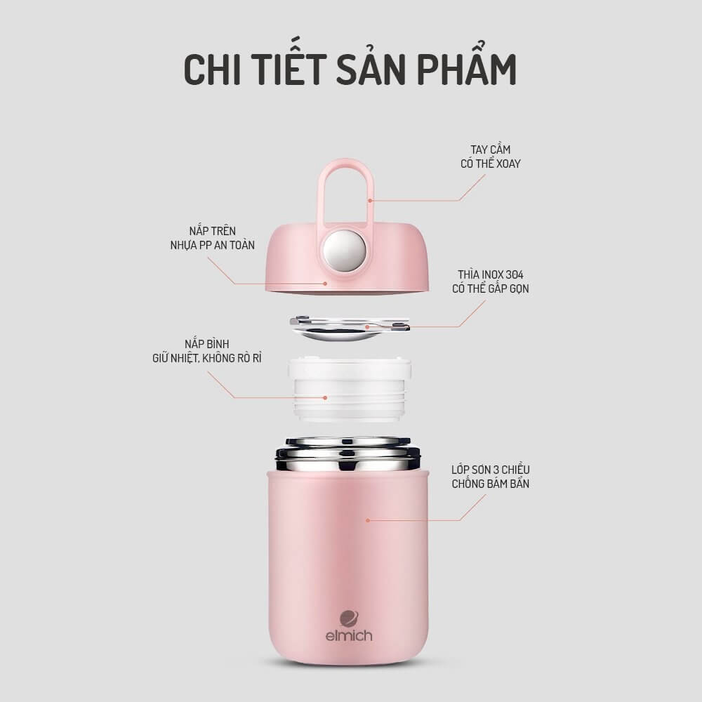 Bình đựng thức ăn giữ nhiệt Elmich EL8017 300ml, EL8018 400ml, EL8019 600ml, Hàng chính hãng, ủ cháo, Inox 316 - JoyMall
