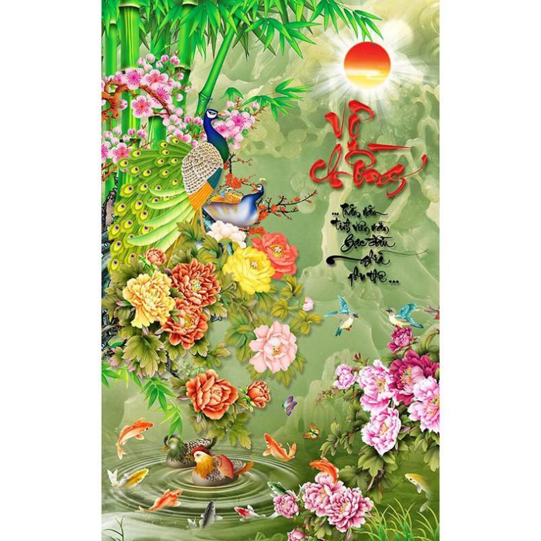 Tranh dán tường khổ dọc phong thủy đôi chim công vơ chồng UD0880