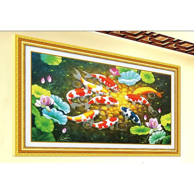 Tranh Đính Đá CÁ CỬU NGƯ QUẦN HỘI . Kích Thước: 1m2 x 65cm - 1m6 x 90cm