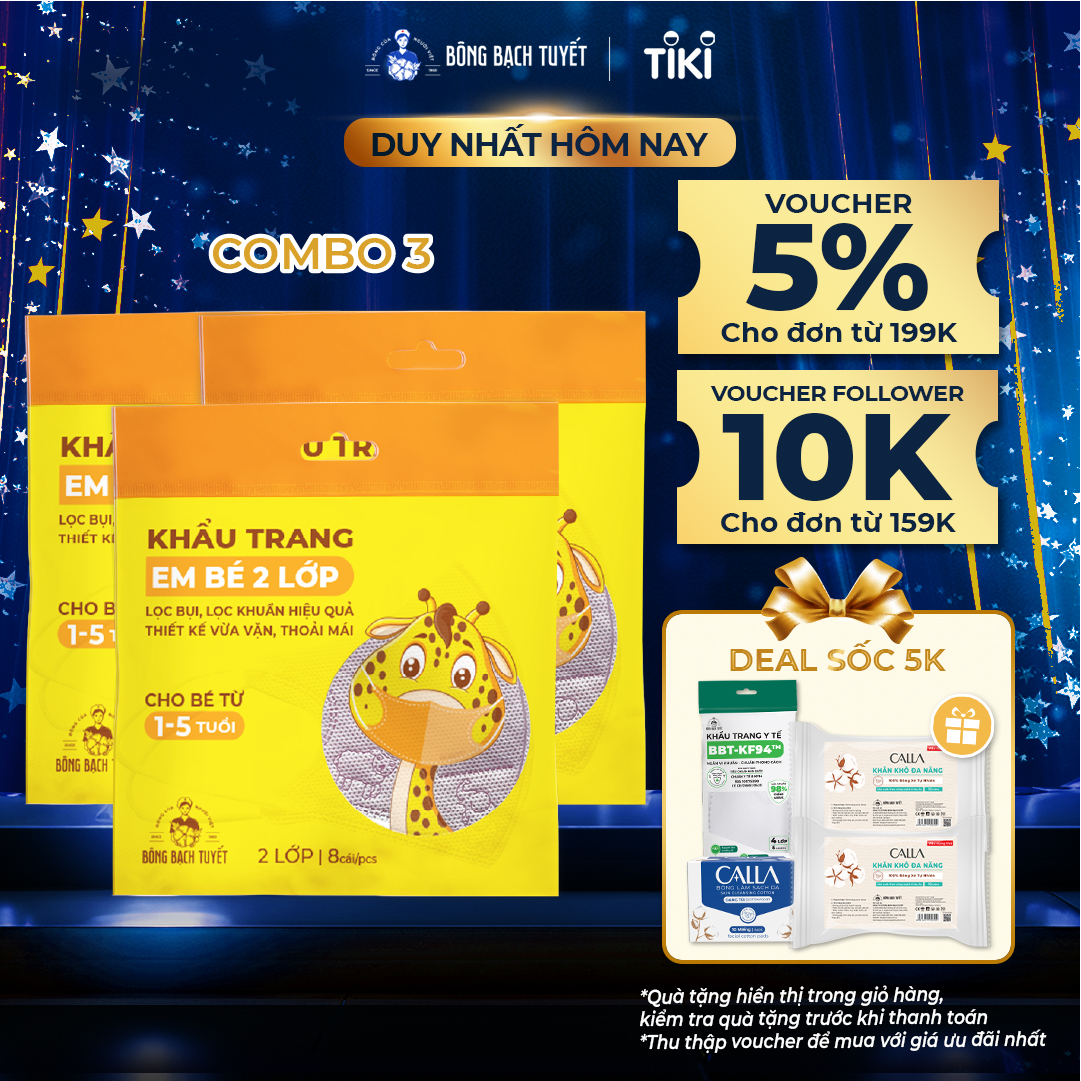Combo 3 gói khẩu trang Bông Bạch Tuyết cho trẻ 1 - 5 tuổi