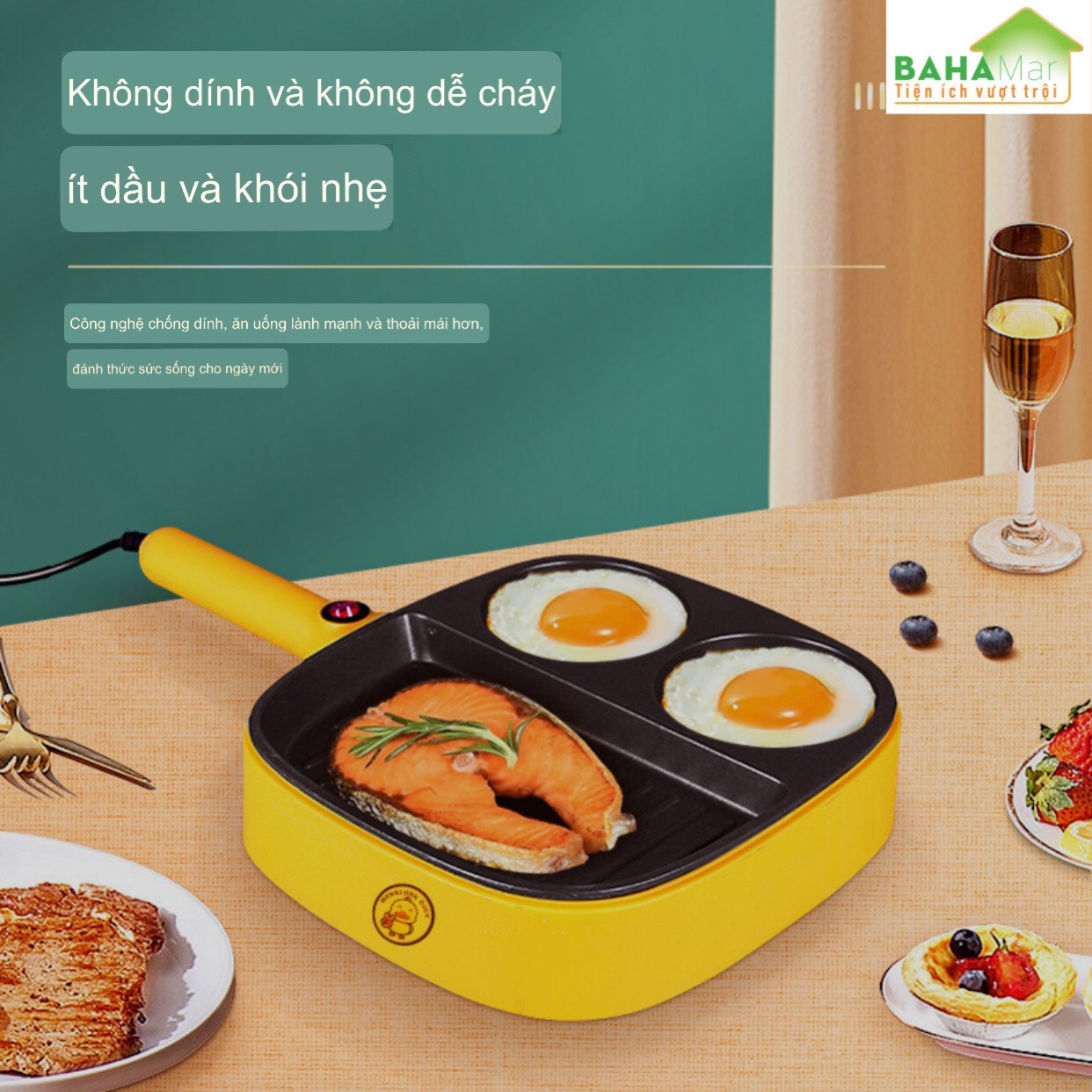 CHẢO ĐÁ ĐIỆN MINI CHỐNG DÍNH CHIA 3 NGĂN TIỆN SỬ DỤNG CHO BẾP "BAHAMAR" Chảo chia 3 ngăn, 2 ngăn tròn làm bánh, ngăn to dùng chiên, xào tiện lợi.