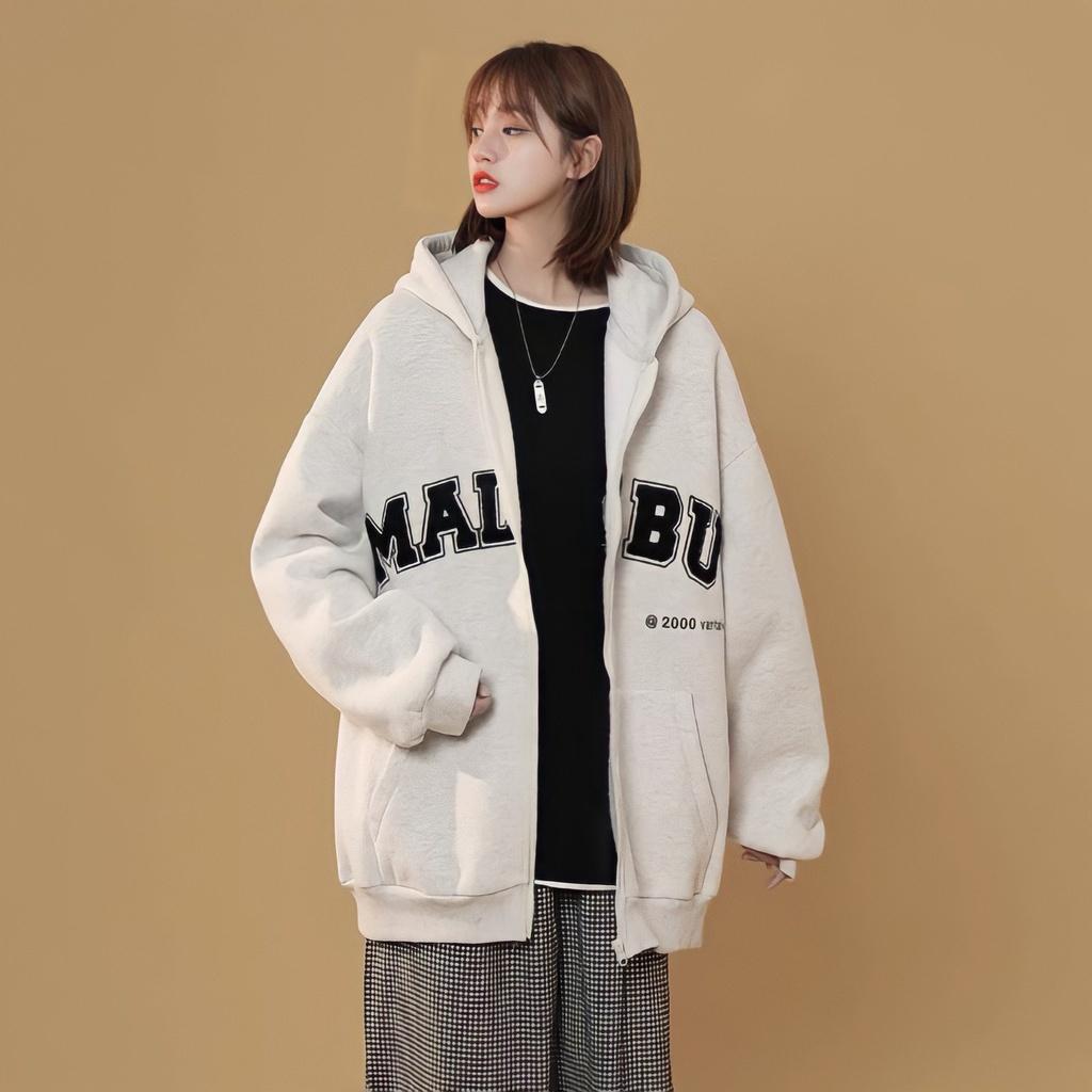 Áo Hoodie Zip Nỉ Ngoại Nam Nữ Dáng Thụng In Chữ MALIBU