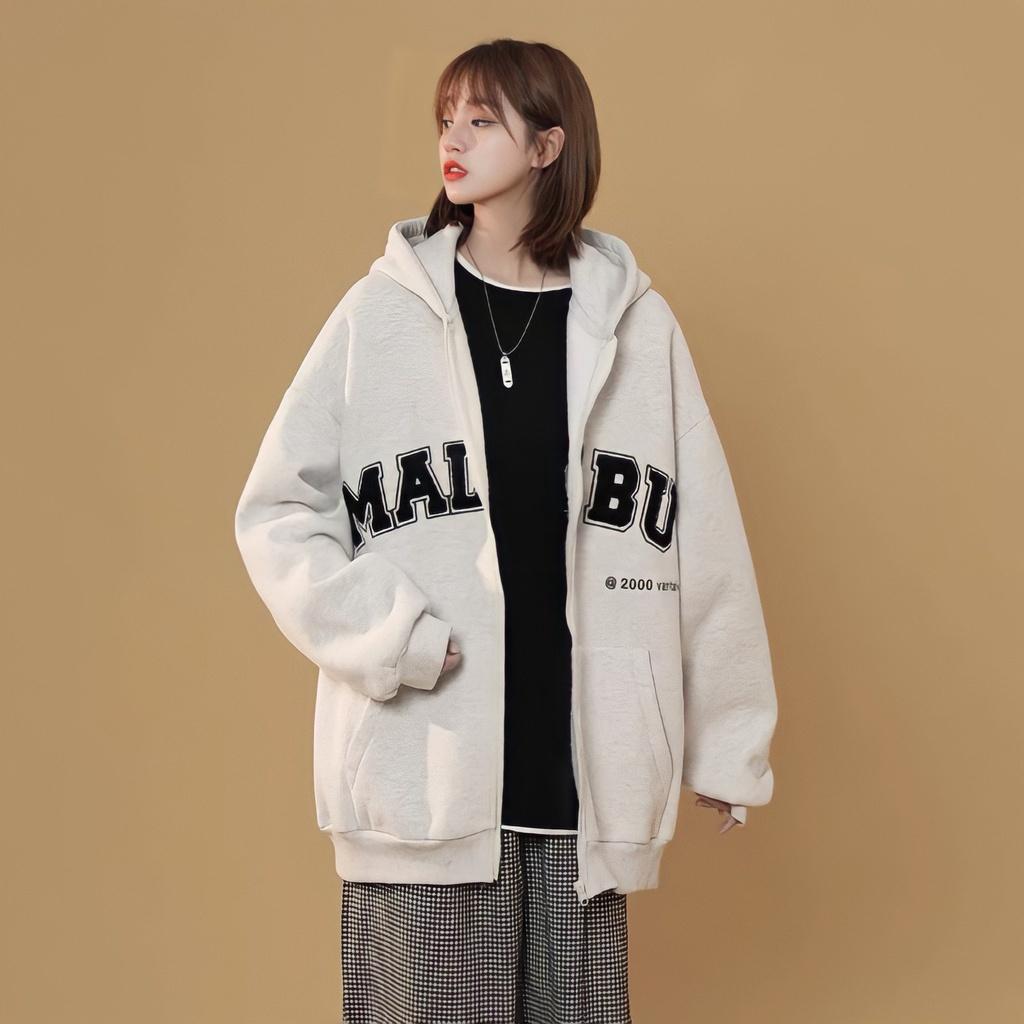 Áo Khoác Zip In Chữ MALIBU Chất Nỉ Ngoại Dáng Thụng 2 Màu Siêu Basic