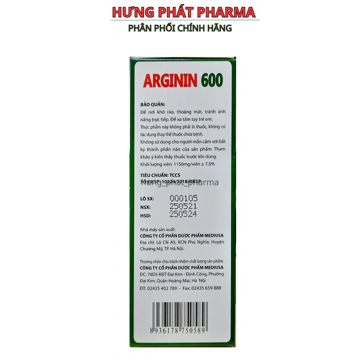 Viên uống Arginin 600 giúp tăng cường chức năng gan, thanh nhiệt, giải độc, trị mụn nhọt, dị ứng, điều tiết rối loạn chức năng gan mật – Hộp 60 viên