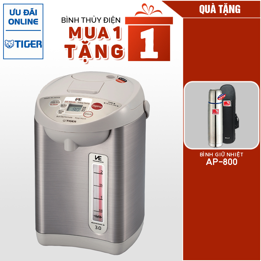 MUA 1 TẶNG 1 Bình thủy điện tử chân không Tiger PVW-B30W  NHẬN 1 BÌNH GIỮ NHIỆT APOLLO AP-800 - Hàng chính hãng