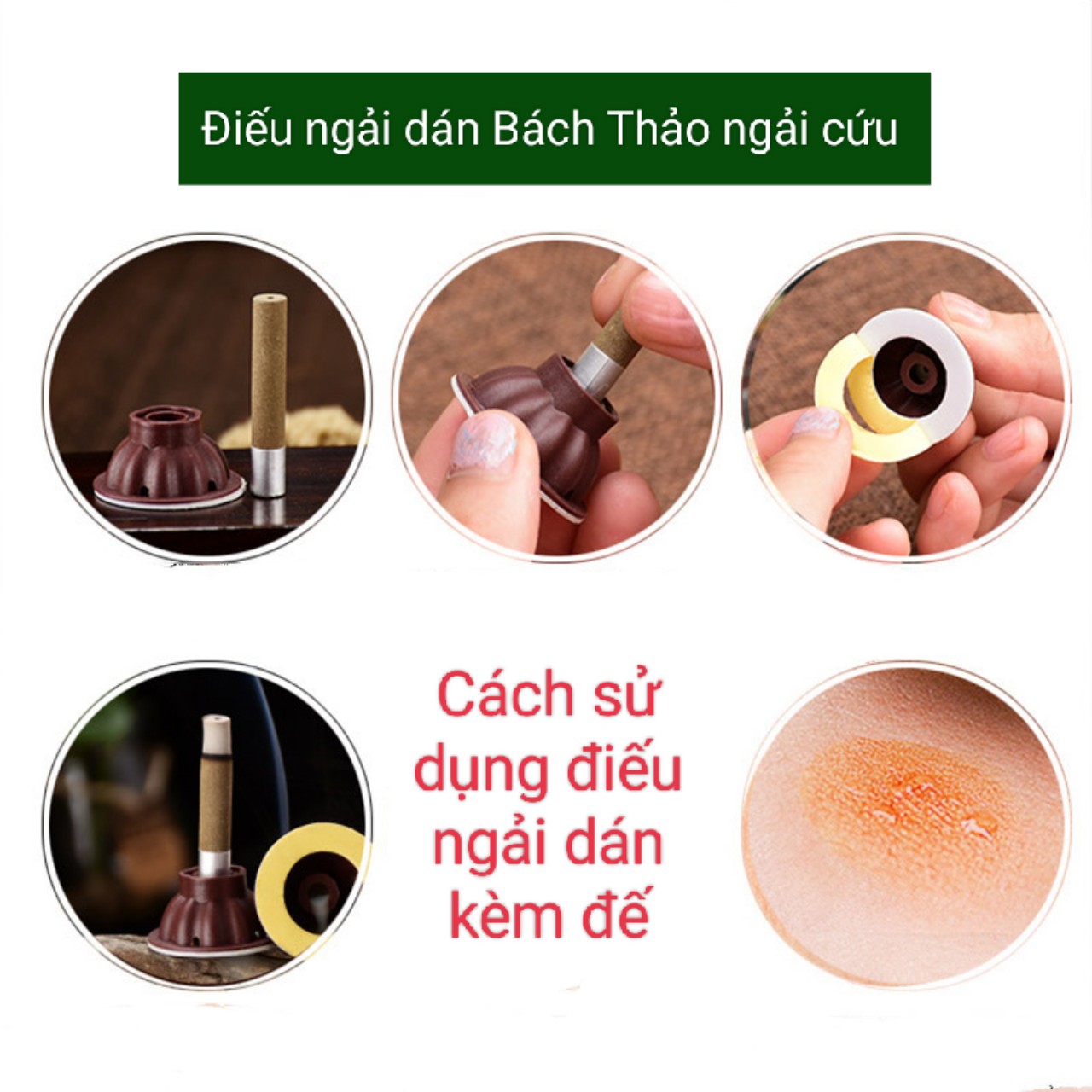 Set 50 điếu Nhang ngải dán 10 mm kèm đế dán ,tự dán trực tiếp lên vùng huyệt đạo dành cho dưỡng sinh đông y , spa