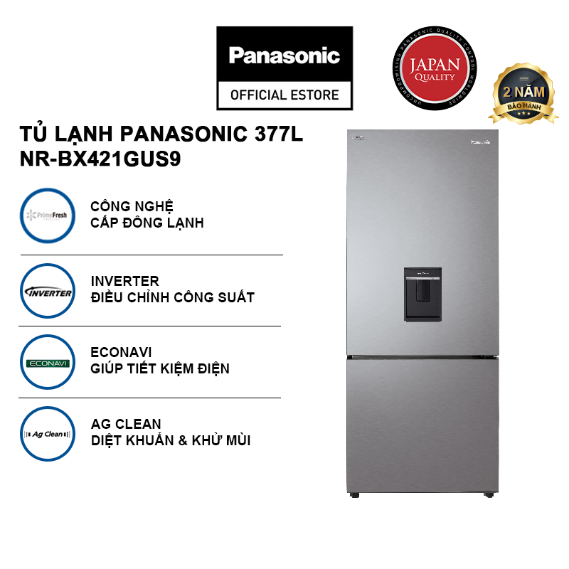 [Giao hàng Toàn quốc] Tủ lạnh Panasonic Ngăn đông mềm diệt khuẩn 377L NR-BX421GUS9 - Tiết kiệm điện với bộ đa cảm biến Econavi - Mặt thép - Hàng chính hãng