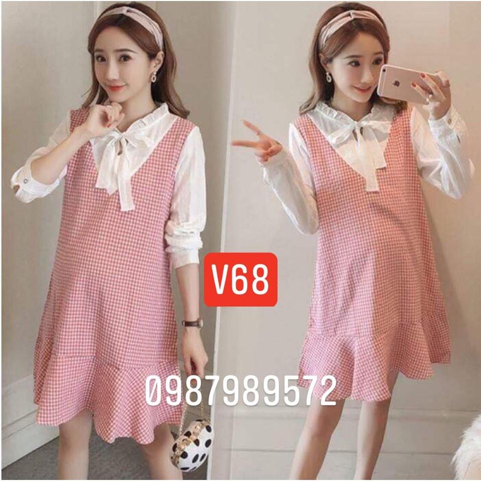 váy bầu giả yếm kẻ hồng v68