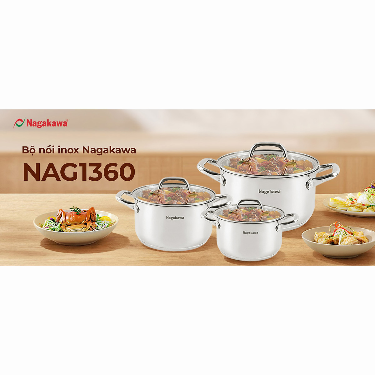 Bộ 3 nồi inox 5 đáy Nagakawa NAG1360 (16cm - 20cm - 24cm) - Hàng chính hãng