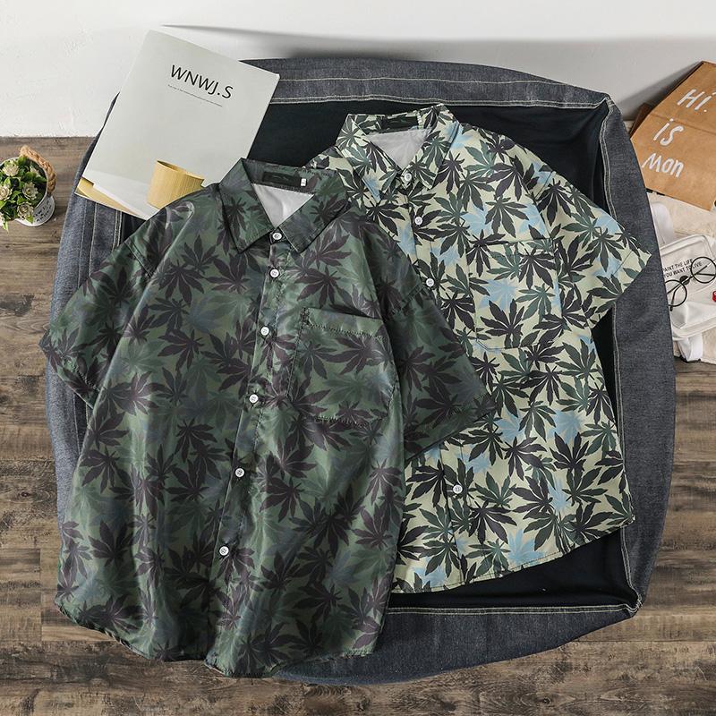 Áo Sơ Mi Ngắn Tay Form Rộng In Họa Tiết Lá Phong Thời Trang Dành Cho Nam 2 Màu