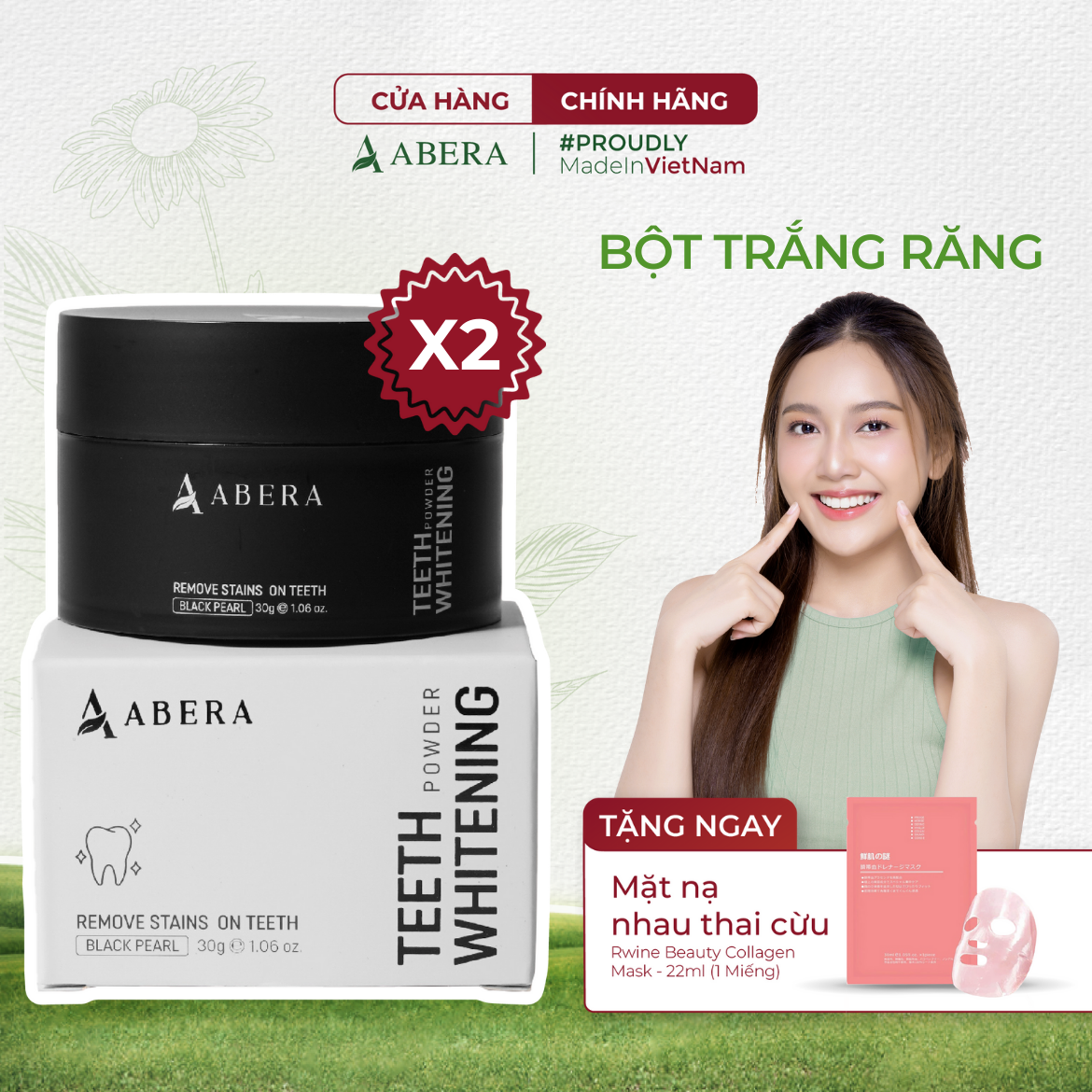 [COMBO 2] Bột Trắng Răng Abera Ngọc Trai Đen - Làm Trắng Răng, Xóa Mọi Vết Ố Vàng, Cao Răng Lâu Năm