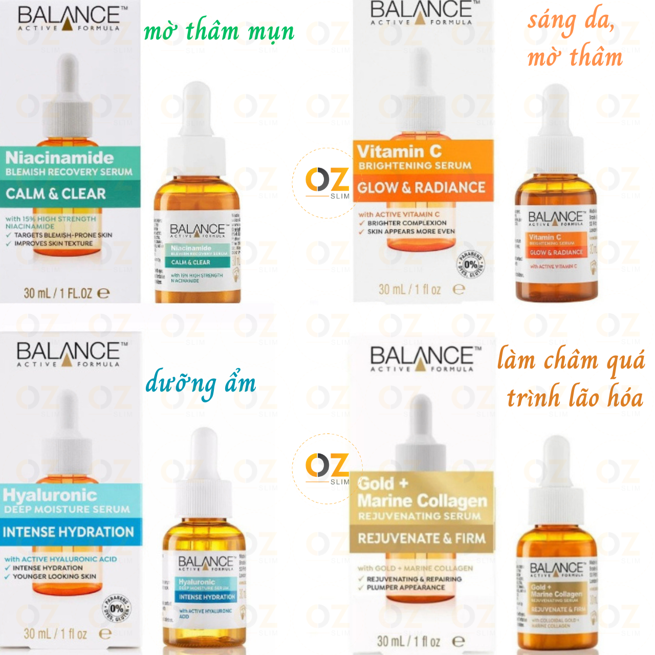 Serum dưỡng da Vitamin C, Hyaluronic, Niacinamide, Gold Collagen Balance Anh giúp sáng da, mờ thâm, dưỡng ẩm, trẻ hóa da - OZ Slim Store